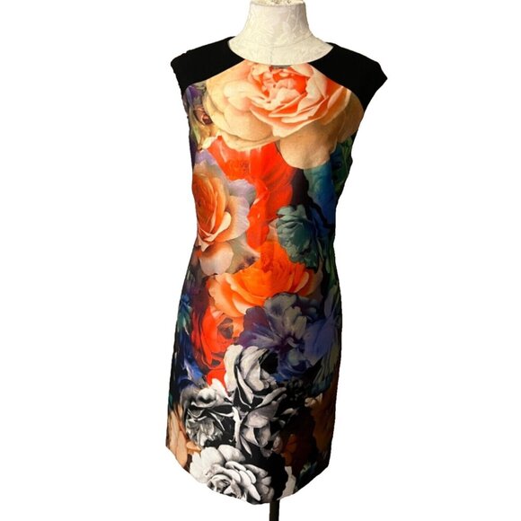 Tahari Dress Orange Red Black 10 Career Church Stretch Sheath Floral Summer - Picture 1 of 5